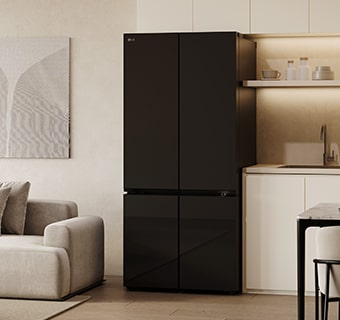 A modern kitchen reflected in the sleek design of the lg multi door refrigerator with black mirror doors.