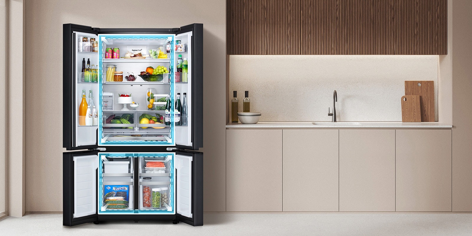 An LG multi-door refrigerator with more capacity and well-organized shelves stocked with food and drinks.