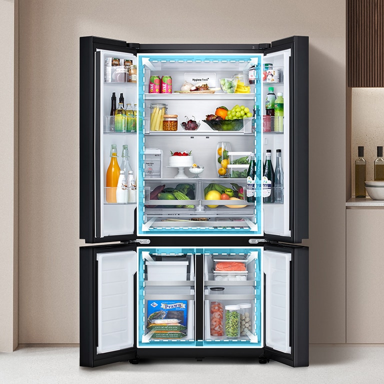 An LG multi-door refrigerator with more capacity and well-organized shelves stocked with food and drinks.