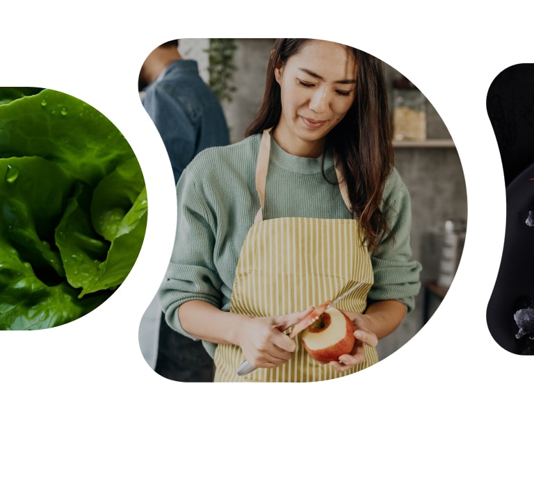 A happy family enjoying cooking with fresh ingredients stored in an lg multi door refrigerator .