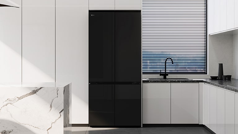 a modern kitchen reflected in the sleek design of the lg multi door refrigerator with black mirror doors.
