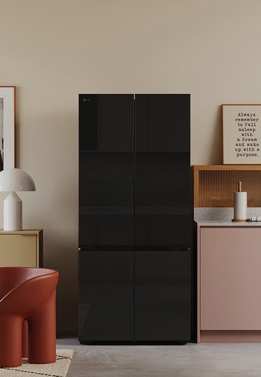 A retro modern kitchen reflected in the sleek design of the lg multi door refrigerator with black mirror doors.
