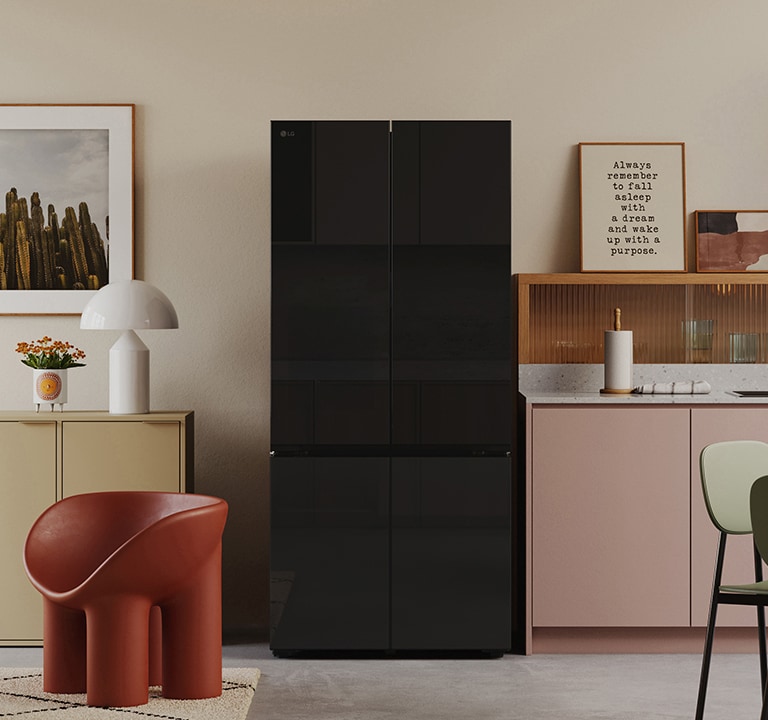 A retro modern kitchen reflected in the sleek design of the lg multi door refrigerator with black mirror doors.