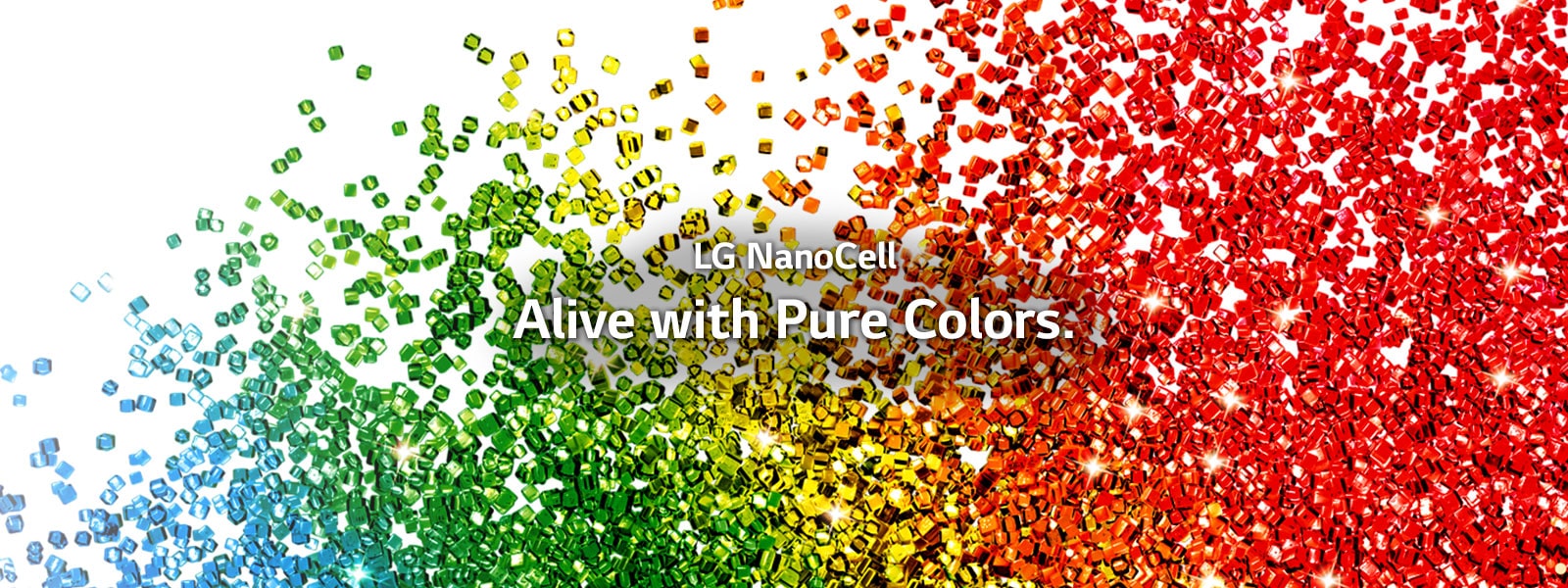 A screen filled with particles of vibrant colors splashing up in front of a white background.
