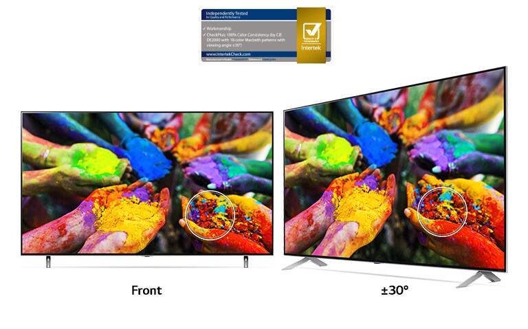 Two LG NanoCell TV ‘s side by side showing an image of hands holding multicolored dye particles from a front on and an off-center viewing angle. The picture remains consistently vivid and accurate from both angles.