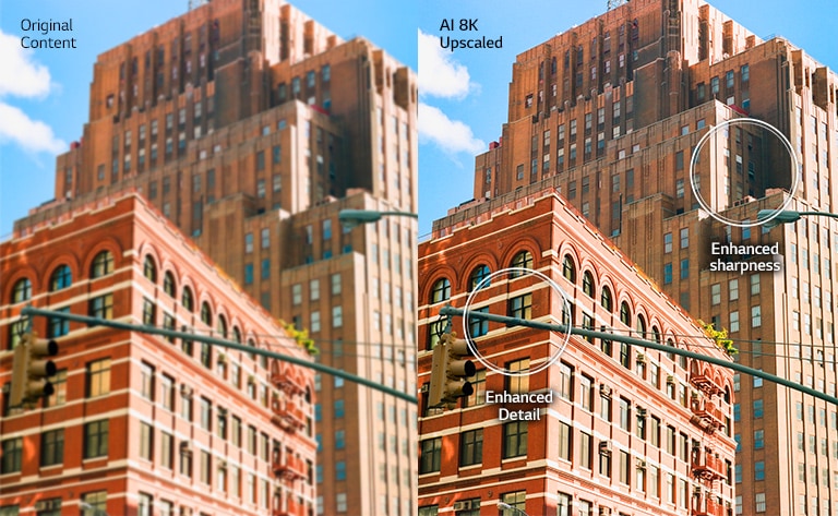 Side by side image of redbrick city buildings. The image on the right is sharper and clearer, showing how the image would be improved with AI 8K upscaling.