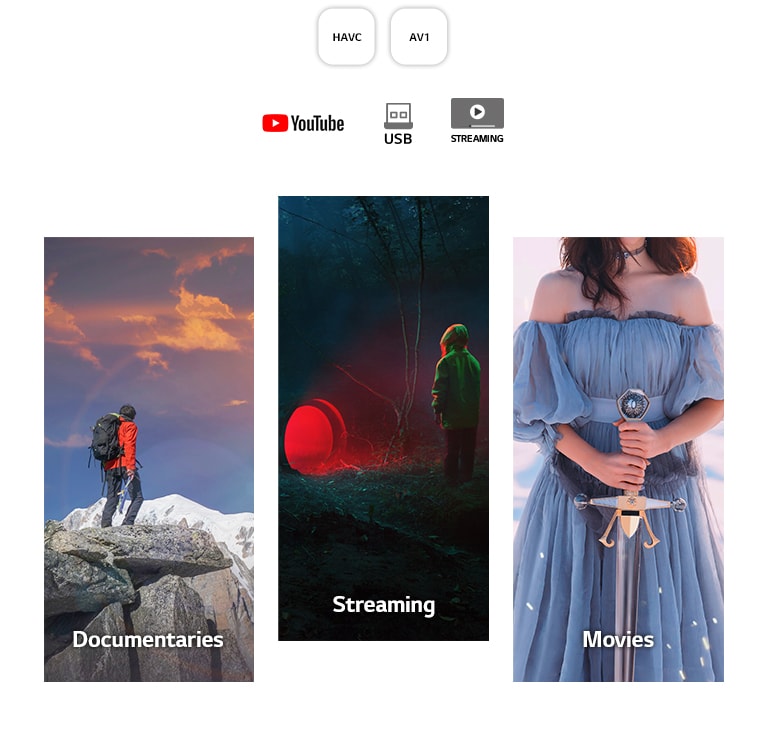 From left to right an image of a man in hiking gear standing on a rocky mountain; a dark scene of a boy standing in front of a tunnel emitting red light; and a woman in a blue dress holding a sword against a white background.