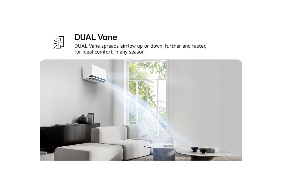 LG DUALCOOL AI 1 Ton Split Air Conditioner with Dual Vane, Humidity Control, Soft Air and Energy Saving - Only in Georgia and Armenia, LG Dual Vane air conditioner shown in a living room. Cool air flows upward on the left. The accompanying text reads: 'DUAL Vane spreads airflow up or down, further and faster, for ideal comfort in any, DA12CEH, thumbnail 4