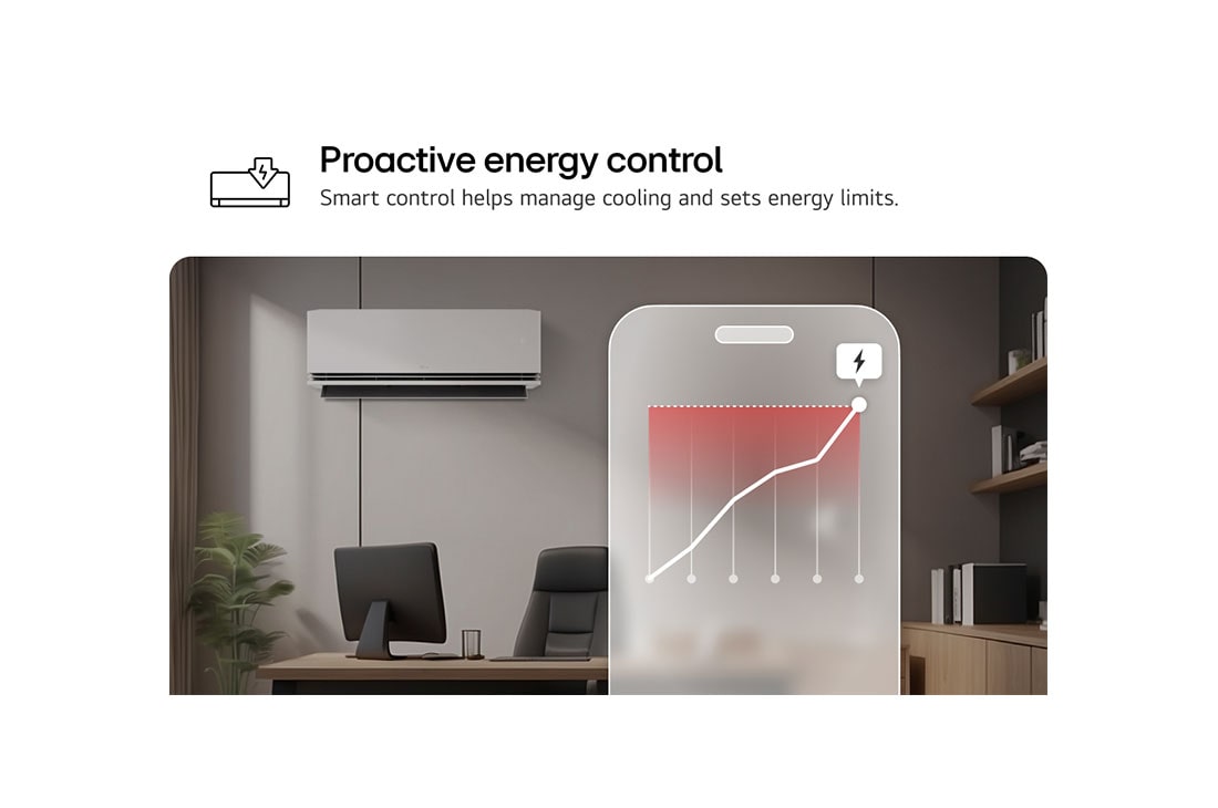 LG DUALCOOL AI 1.5 Ton Split Air Conditioner with Dual Vane, Humidity Control, Soft Air and Energy Saving - Only in Georgia and Armenia, LG air conditioner with Proactive Energy Control feature. A smartphone shows an energy graph with a red alert, managing cooling and limits. Text: 'Proactive energy control. Smart control helps manage , DA18CEH, thumbnail 5