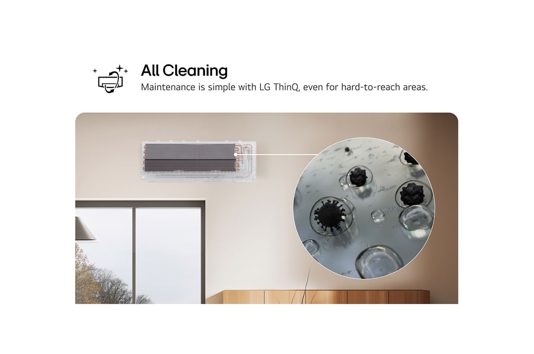LG DUALCOOL AI 1.5 Ton Split Air Conditioner with Dual Vane, Humidity Control, Soft Air and Energy Saving - Only in Georgia and Armenia, Image showcasing LG air conditioner's All Cleaning feature. The visual highlights the internal cleaning process, with a close-up showing dirt and germs being removed. The text reads: 'All Cleaning. Ma, DA18CEH, thumbnail 6
