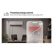 LG DUALCOOL AI 1.5 Ton Split Air Conditioner with Dual Vane, Humidity Control, Soft Air and Energy Saving - Only in Georgia and Armenia, LG air conditioner with Proactive Energy Control feature. A smartphone shows an energy graph with a red alert, managing cooling and limits. Text: 'Proactive energy control. Smart control helps manage , DA18CEH, thumbnail 5