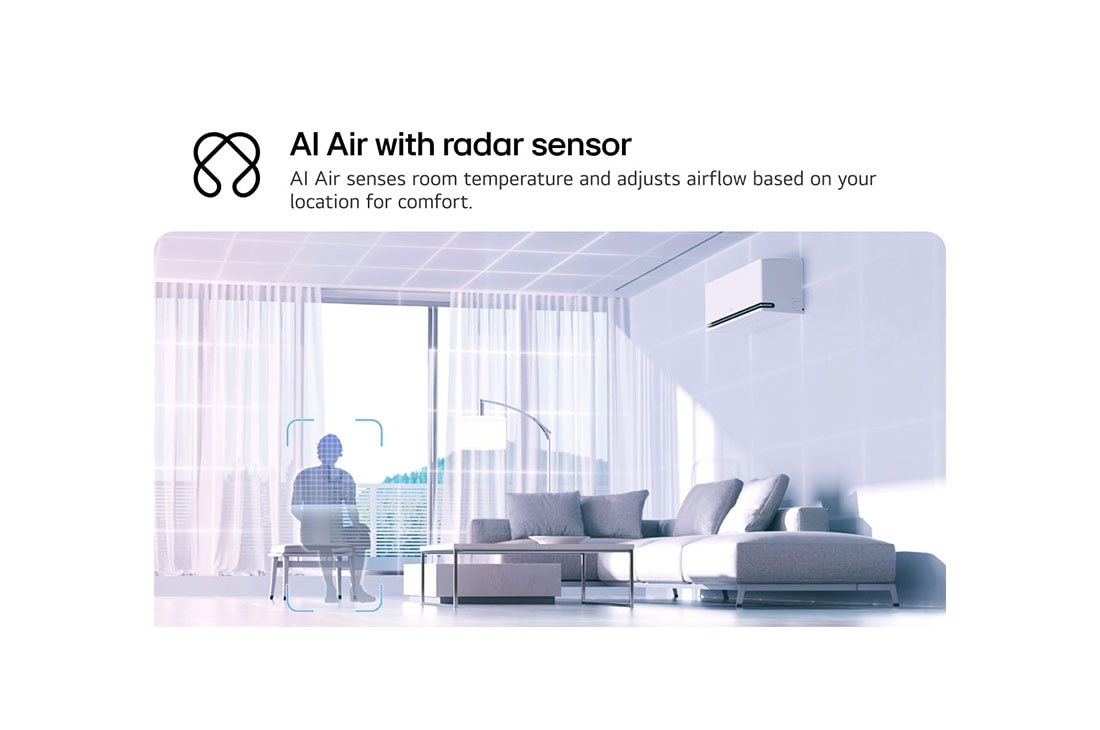 LG DUALCOOL AI 2 Ton Split Air Conditioner with Dual Inverter, Humidity Control, Dual Vane, and Energy Saving - Only in Georgia and Armenia, Illustration of LG AI Air technology in a living room with a wall-mounted air conditioner. The system adjusts airflow by sensing room temperature and user location. The accompanying text reads: 'AI Ai, DA24CEH, thumbnail 3