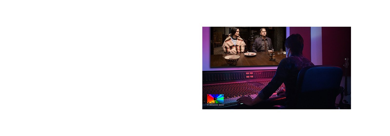 LG NANO 4K UHD AI NU85 is shown in a studio as a director edits a movie at a control panel, with the FILMMAKER MODE logo displayed at the bottom left.