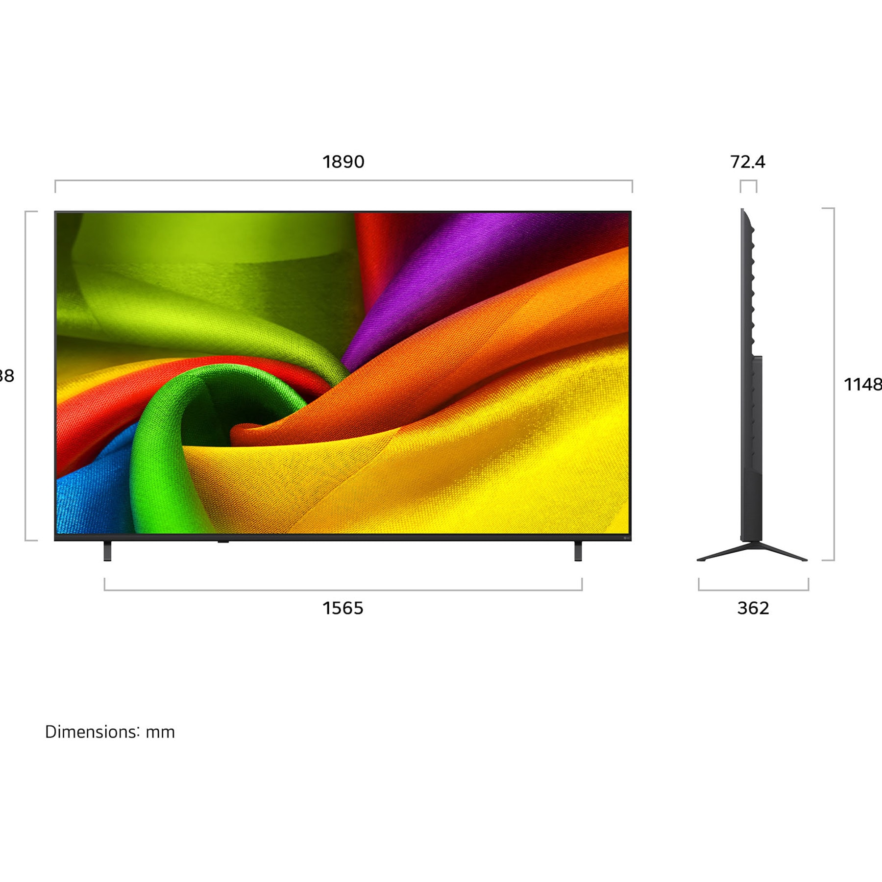 LG 85 inch LG NANO 4K AI NU85 Smart TV 2026, LG NANO 4K UHD AI NU85 shown in front and side views highlights an 85-inch display with a 1890 mm-wide screen, 1088 mm screen height, 1148 mm height with stand, a 72.4 mm profile depth, and a stand fo, 85NU850B6LA, thumbnail 2