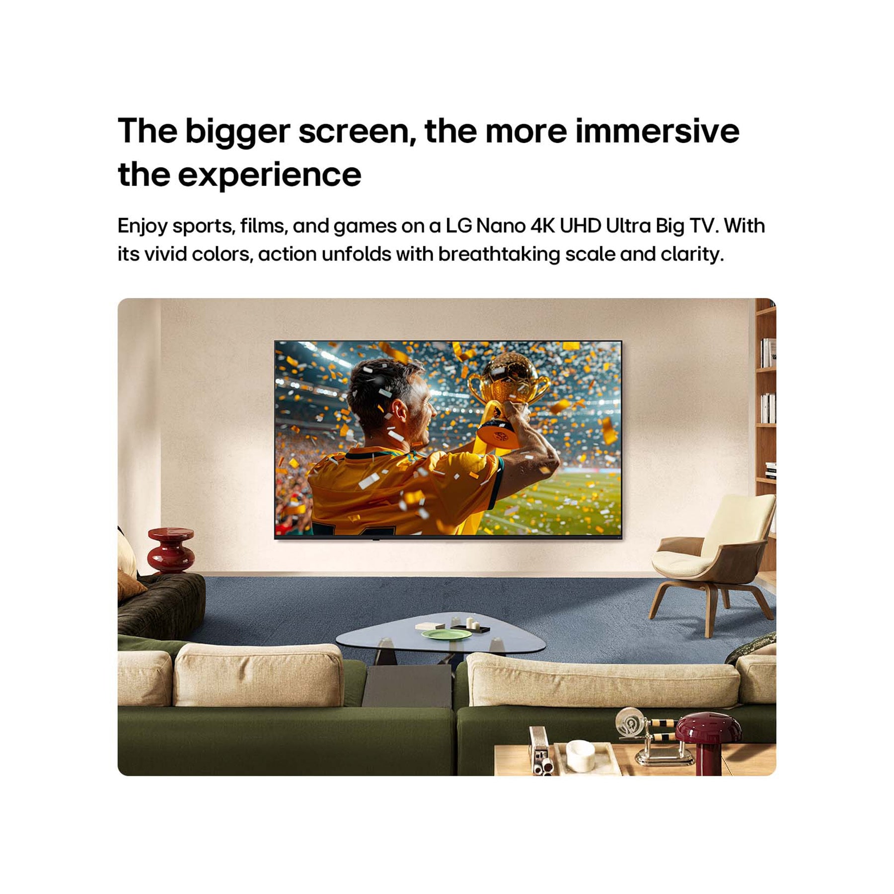LG 85 inch LG NANO 4K AI NU85 Smart TV 2026, LG NANO 4K UHD AI NU85 Ultra Big TV is wall-mounted in a living space, showing a sports victory scene with confetti and a trophy, emphasizing vivid color, clear detail, and an immersive sense of scale, 85NU850B6LA, thumbnail 3