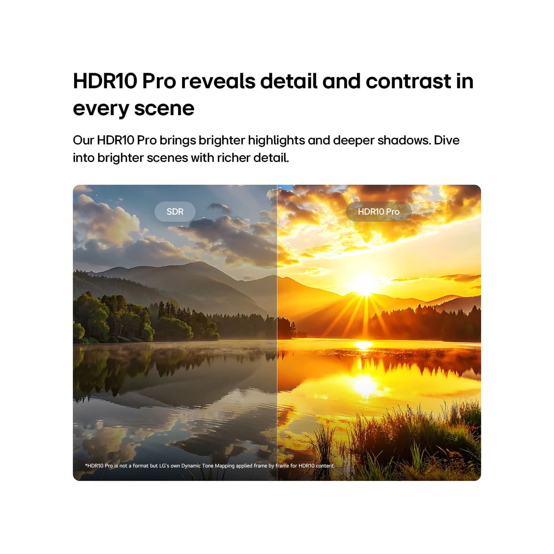 LG 85 inch LG NANO 4K AI NU85 Smart TV 2026, LG NANO 4K UHD AI NU85 highlights HDR10 Pro in a split scenic image comparing SDR and HDR10 Pro, revealing brighter highlights, deeper shadows, and enhanced contrast in a sunset lake scene for richer , 85NU850B6LA, thumbnail 5