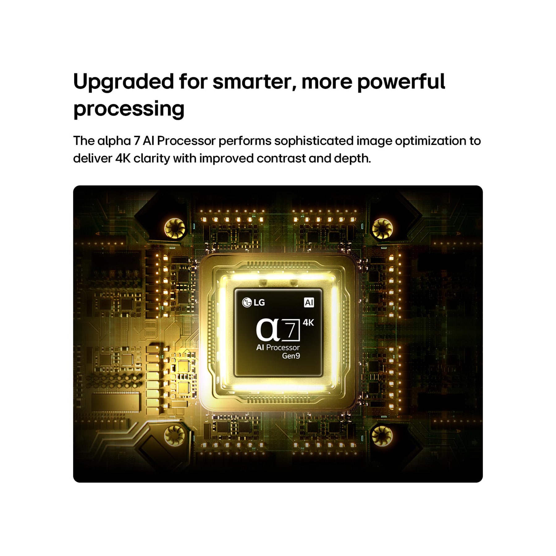 LG 85 inch LG NANO 4K AI NU85 Smart TV 2026, LG NANO 4K UHD AI NU85’s alpha 7 AI Processor 4K Gen9 glows at the center of a yellow circuit board, highlighting smarter, more powerful AI processing that enhances 4K image clarity with improved cont, 85NU850B6LA, thumbnail 6