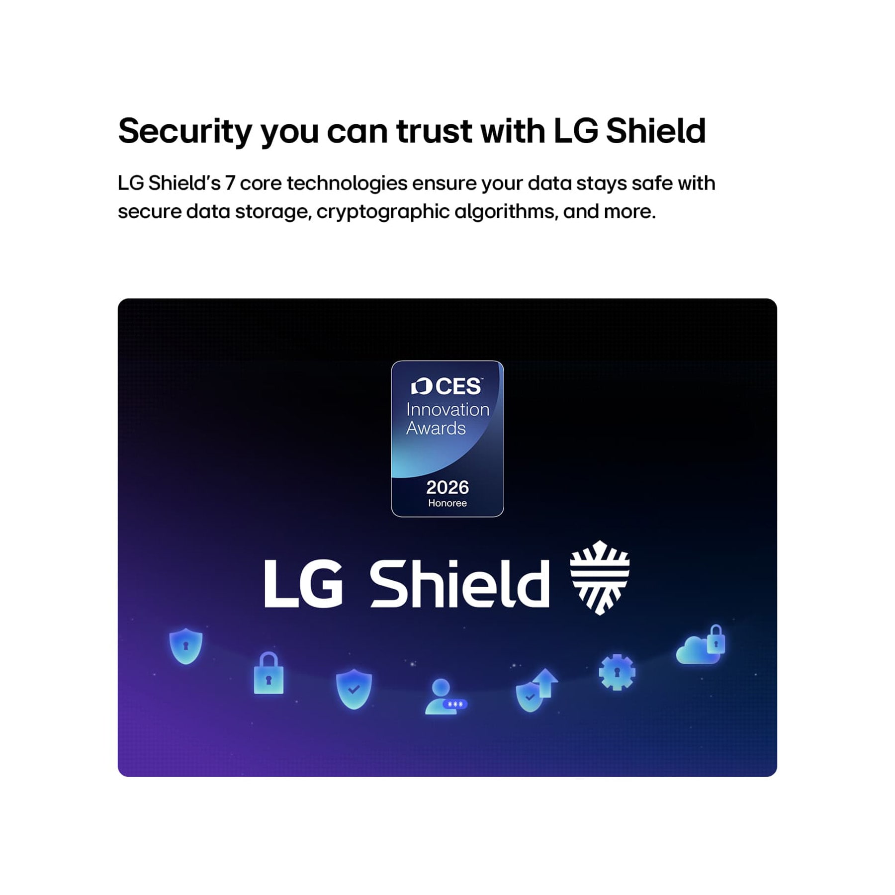 LG 85 inch LG NANO 4K AI NU85 Smart TV 2026, LG Shield, applied to LG QNED evo AI QNED85, is shown with an LG Shield logo at the center, security icons below, and a 2026 CES Innovation Awards Honoree badge above, representing data and system pro, 85NU850B6LA, thumbnail 8
