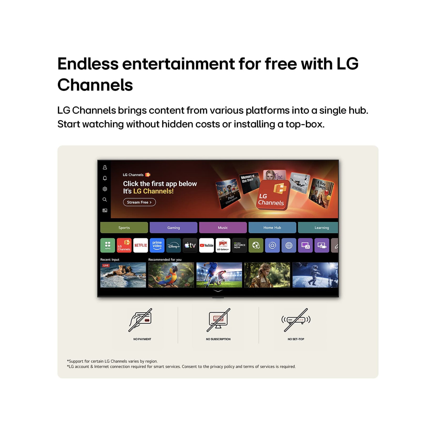 LG 85 inch LG NANO 4K AI NU85 Smart TV 2026, LG NANO 4K UHD AI NU85 home screen navigates into the LG Channels interface, with free live TV channels, movies, and exclusive content. It highlights direct access to hundreds of entertainment options, 85NU850B6LA, thumbnail 11