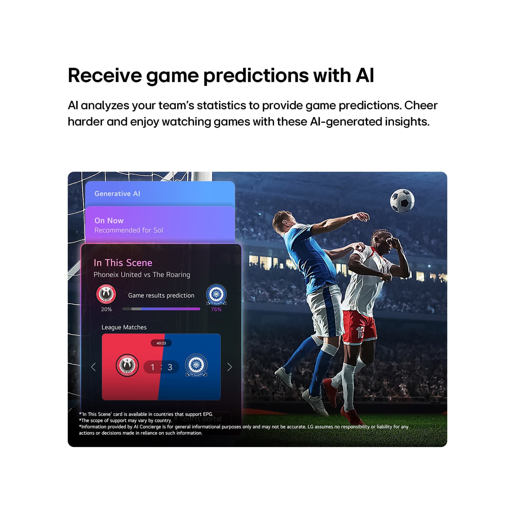 LG 85 inch LG NANO 4K AI NU85 Smart TV 2026, LG NANO 4K UHD AI NU85 Sports Forecast by AI Concierge displays a live soccer match with an on-screen AI panel presenting predictions, game insights, and league data, suggesting how AI analyzes gamepl, 85NU850B6LA, thumbnail 12