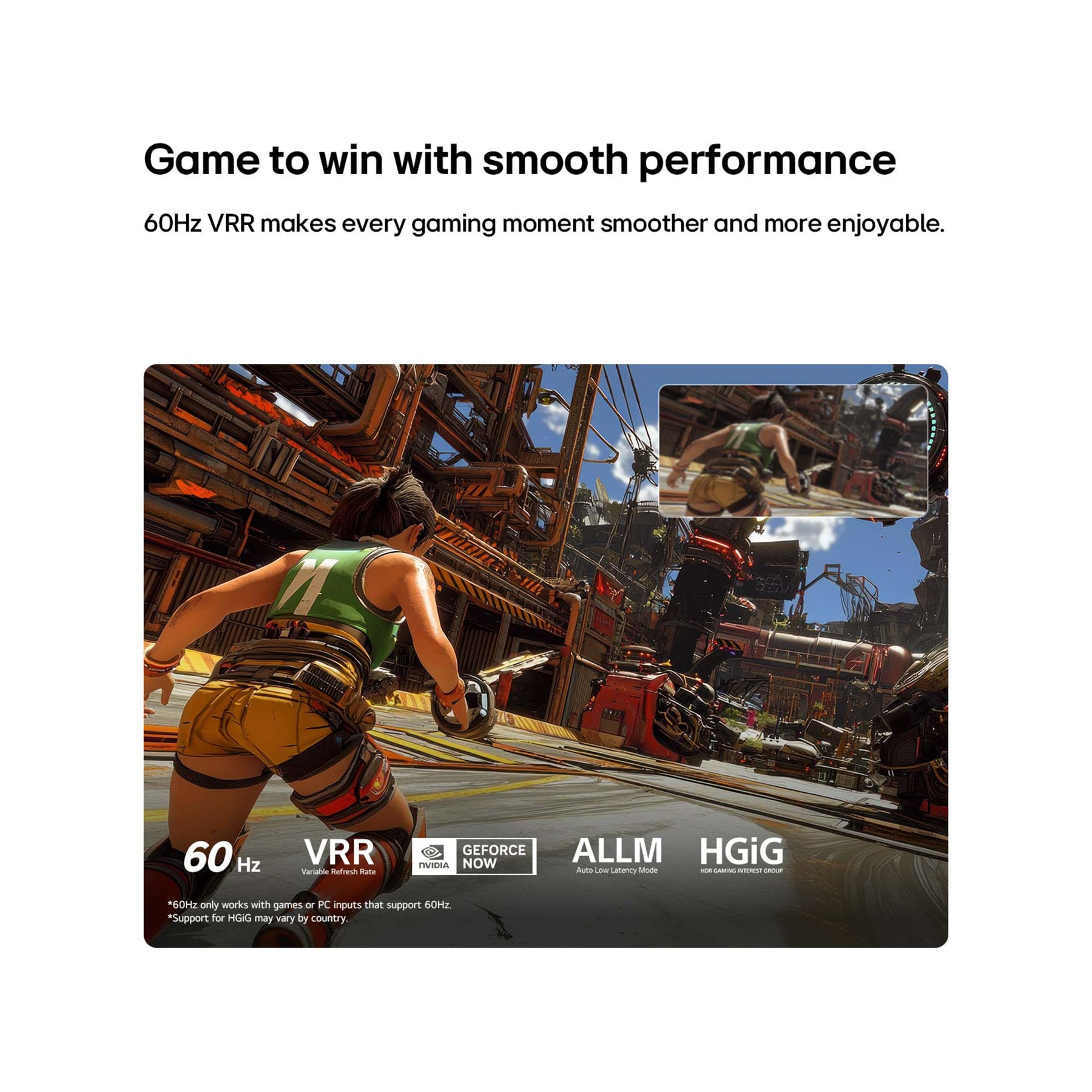 LG 85 inch LG NANO 4K AI NU85 Smart TV 2026, LG NANO 4K UHD AI NU85 for Ultimate Gameplay shows a fast-paced action game scene with a comparison inset highlighting smoother motion, while supporting up to 60Hz, VRR, ALLM, HGiG, and GeForce NOW., 85NU850B6LA, thumbnail 13