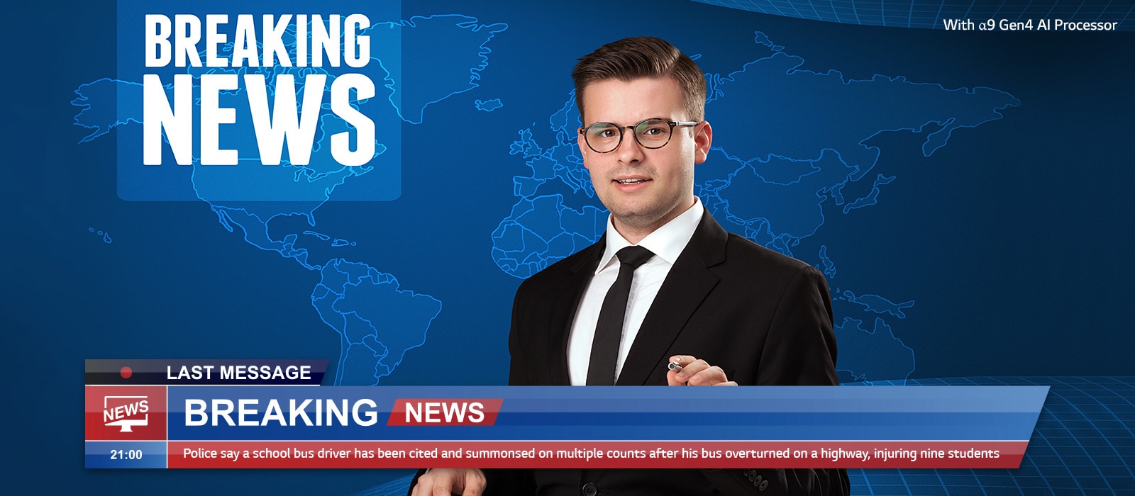 Slider comparison of picture quality of an anchor delivering breaking news with background of world map.