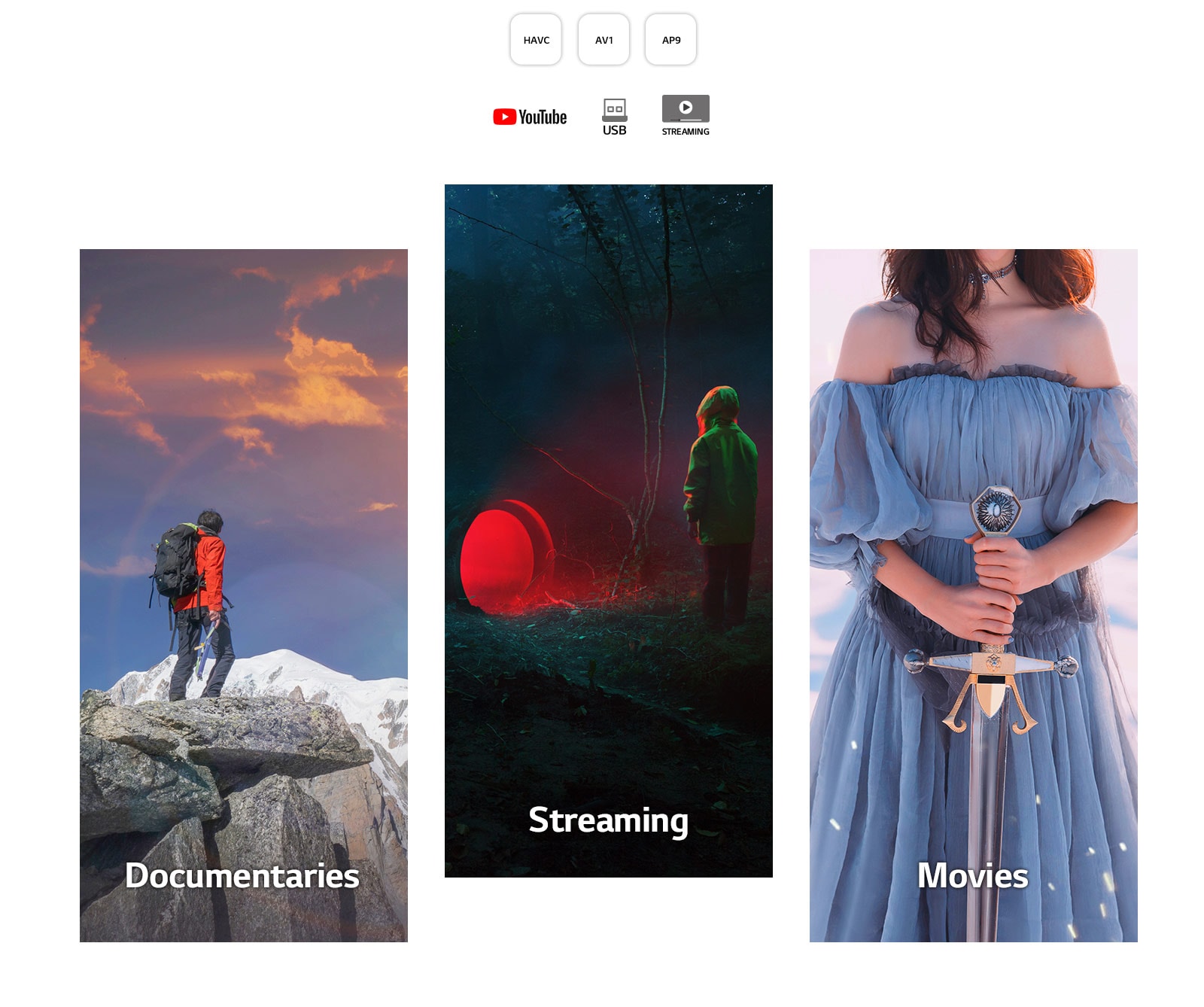 A vertically long scene of documentaires which show a man on the top of the mountain, streaming services which show a child looking at circular red light in the forest, and movies which show a woman holding a sword.