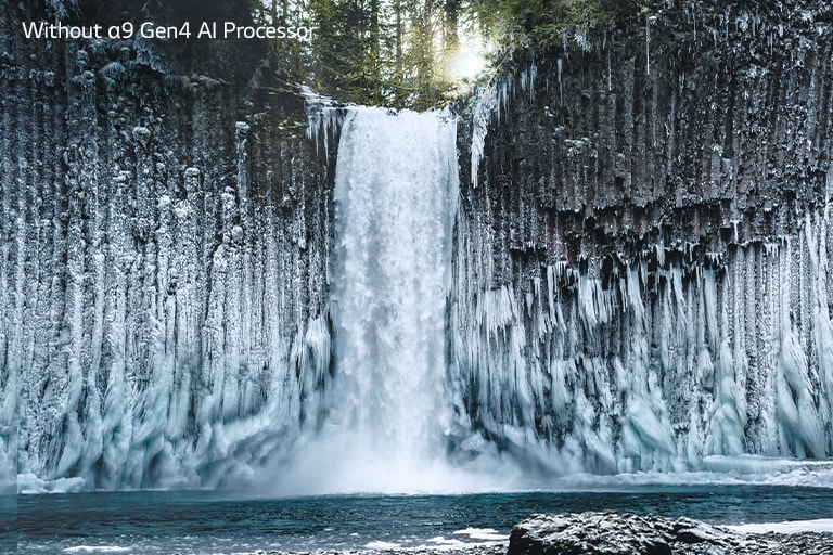 Slider comparison of picture quality of a frozen waterfall in a forest.