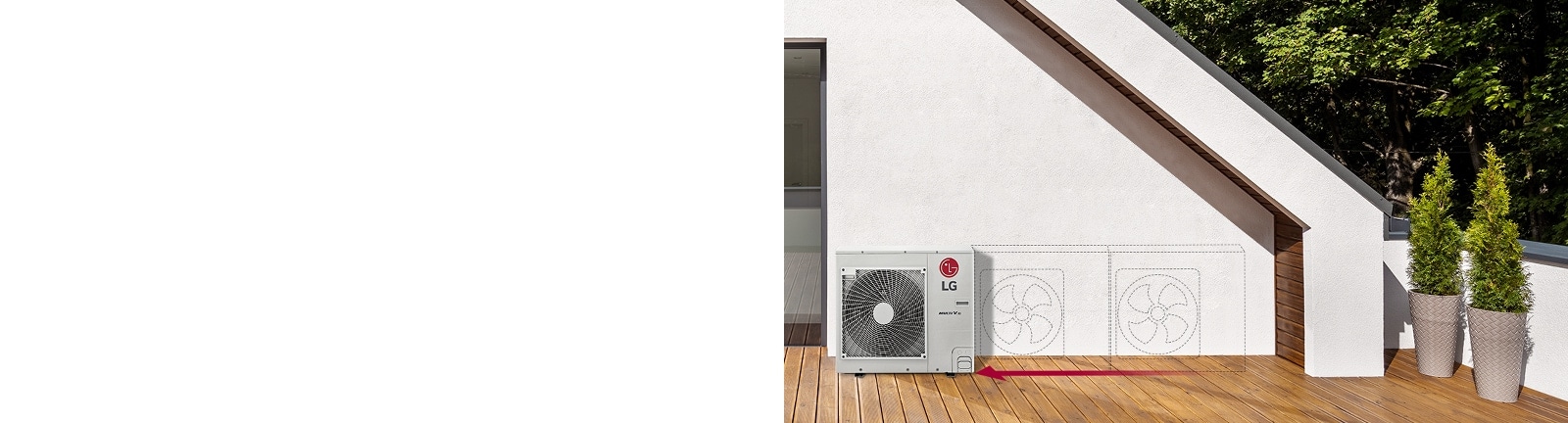 On the wooden-floored terrace with two corner plants, a high-resolution air conditioner(AC) outdoor unit is displayed, supplemented by two outlined units.