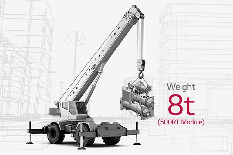 A monotone crane is lifting an LG Modular Chiller labeled as "weight 8 T (500RT Module)" next to the chiller.