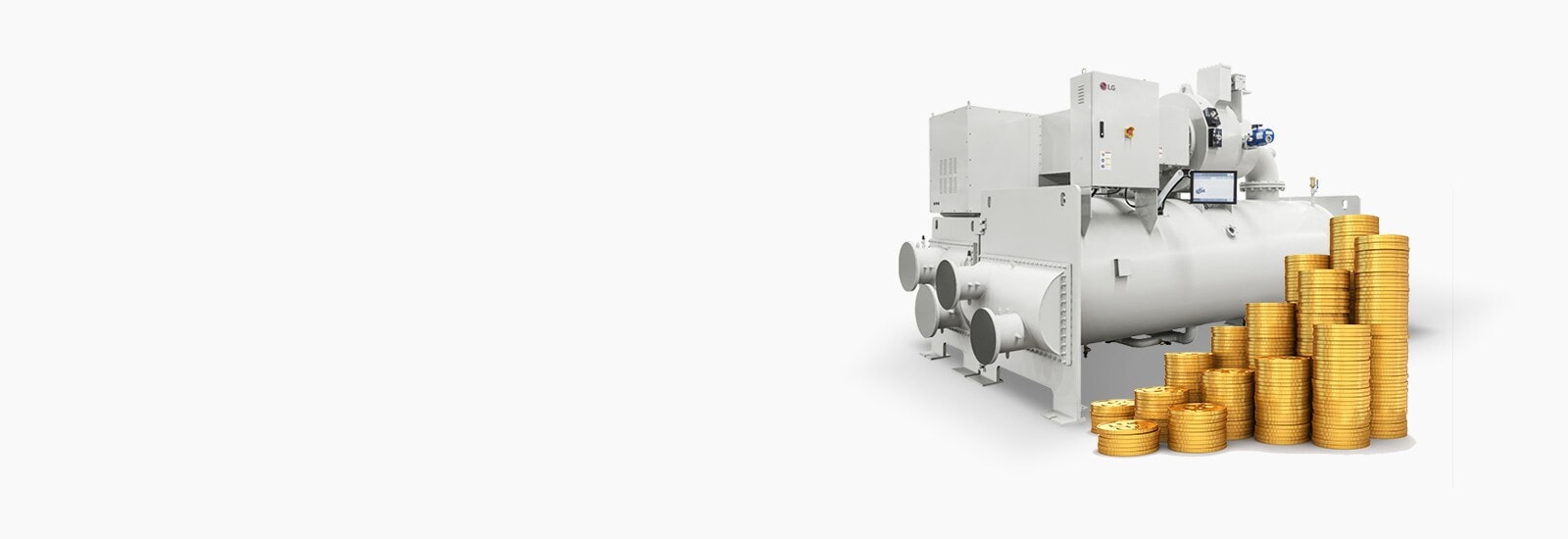 The LG Oil-free Centrifugal Chiller, featuring a stacked gold coins on the front, is displayed.