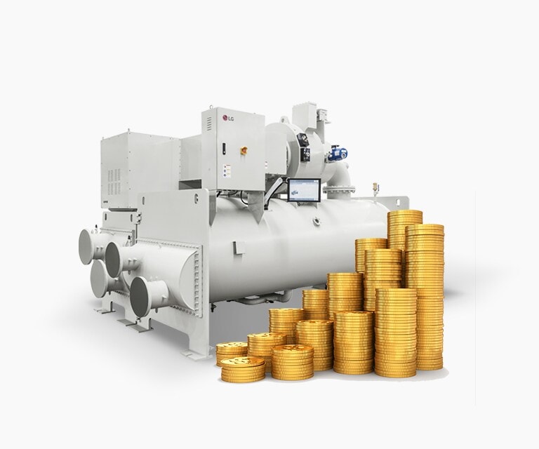 The LG Oil-free Centrifugal Chiller, featuring a stacked gold coins on the front, is displayed.