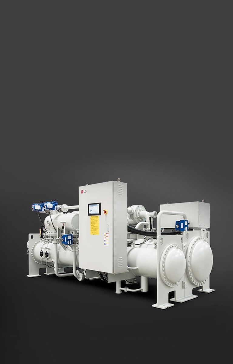 LG Oil-free Air Bearing Chiller, a large industrial machine with a gray tone and a visible control panel Is displayed.