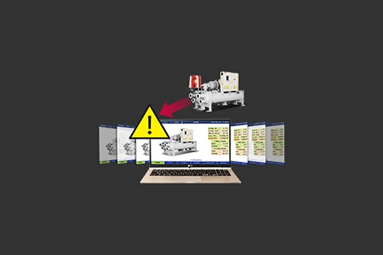 Laptop screen shows diagnosis data for an LG Water-cooled Screw Chiller, with a yellow warning icon in the corner.