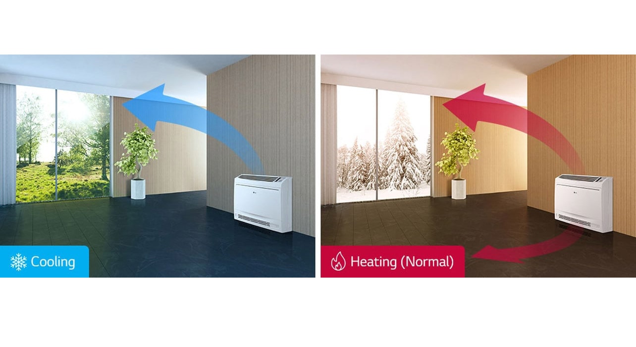 LG Console delivers cool air flow towards the ceiling on its left side, while providing warm air flow towards the floor on its right side.
