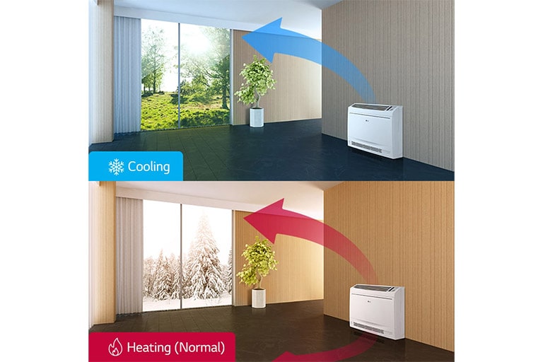 LG Console delivers cool air flow towards the ceiling on its left side, while providing warm air flow towards the floor on its right side.