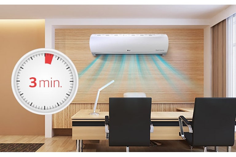 The LG Wall Mounted Unit, in the center, sends blue airflow into an office area. A clock on the left marks 3 minutes with centered text.