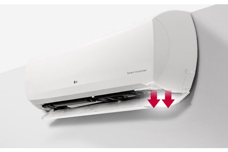 LG Wall Mounted unit is displayed in a side-front view, with the detachable bottom cover open and two arrows indicating the direction of opening. 