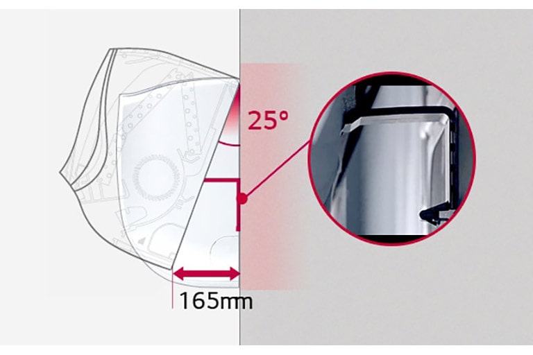 A wireframe side view of the LG Wall Mounted Unit is shown, with a zoomed-in view of the L-shaped support clip on the right half of the image