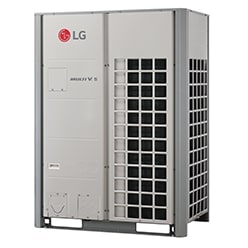 A rectangular LG Multi V 5 outdoor unit is displayed, with its right half covered by a 2x2 checkered-pattern ventilation duct.