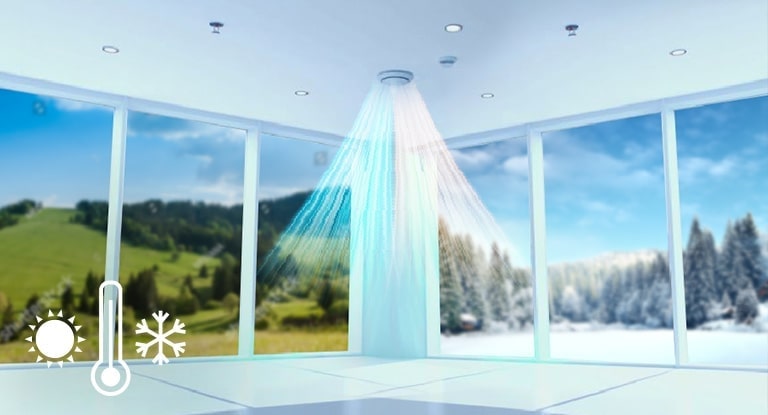 A circular ceiling unit blows visible air into a room, showing a transition from a grassy plain to a snowy land.