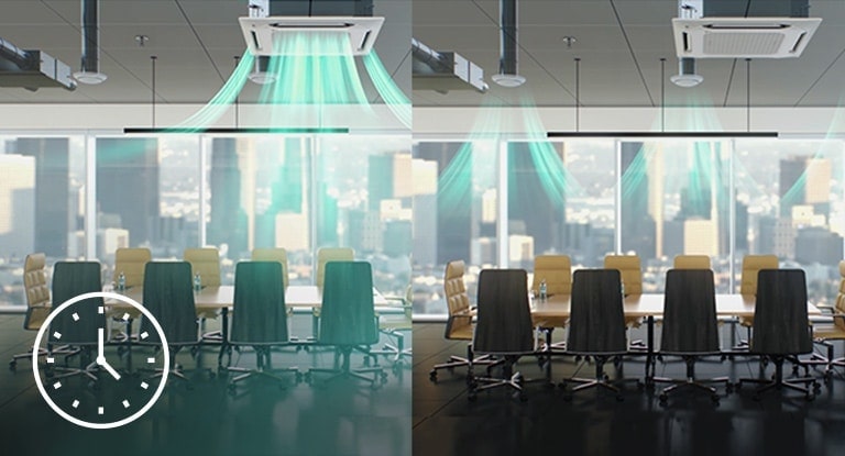 A large LG ceiling cassette cools a conference room on the left, while two smaller ducts distribute air on the right.