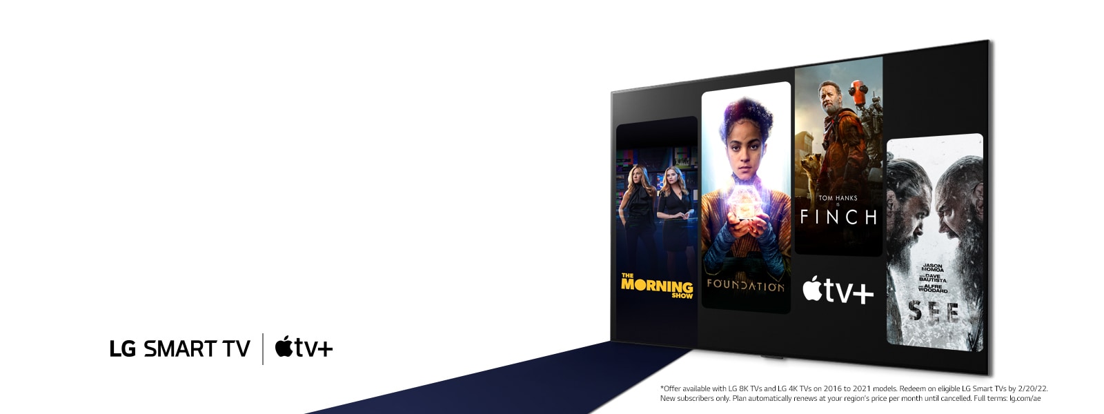 An image of LG OLED TV. Apple TV+'s contents is on the screen and the headline is 'Get three months of Apple TV+ free with LG Smart TVs.'