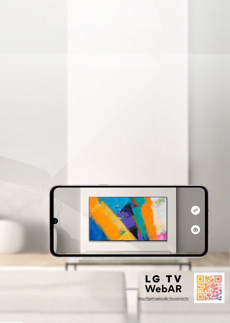 A person using LG TV AR app on a phone and a QR code which links to LG TV AR (http://www.lgtvism.com/lgtvar)