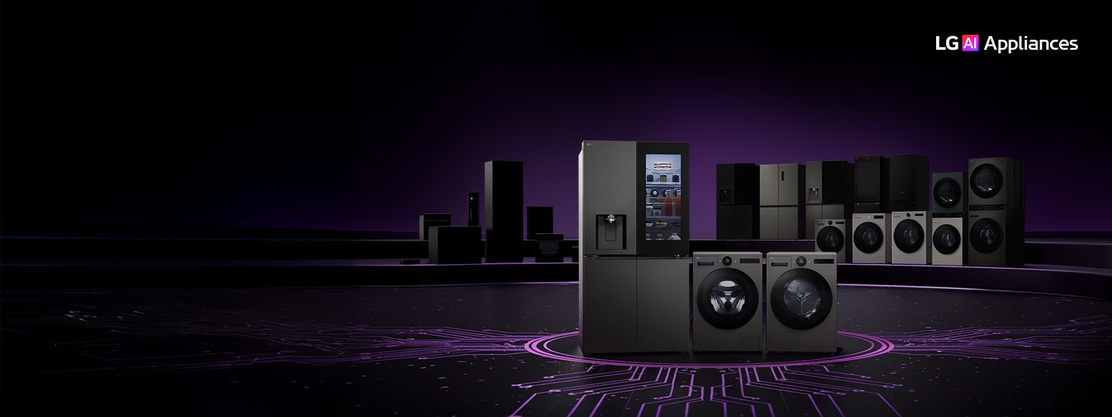 Lineup of LG home appliances including refrigerators, washing machines, dryers, and kitchen appliances displayed on a dark stage with a circuit board pattern floor.
