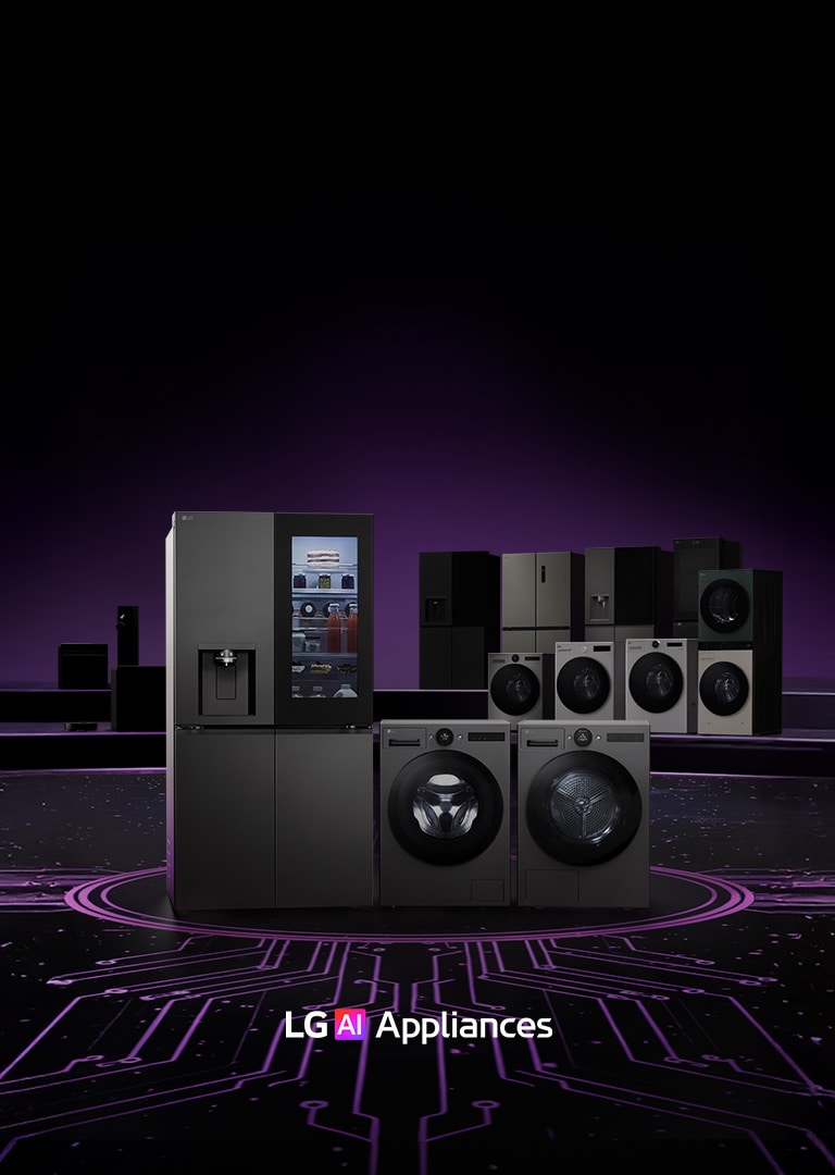 Lineup of LG home appliances including refrigerators, washing machines, dryers, and kitchen appliances displayed on a dark stage with a circuit board pattern floor.