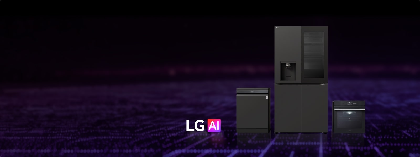 Front view of three black LG AI kitchen appliances—a dishwasher, a refrigerator with water dispenser, and a wall-mounted built-in oven—set against a digital AI-themed background, with 'LG AI' logo.