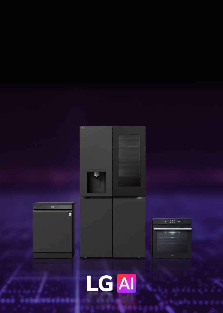 Front view of three black LG AI kitchen appliances—a dishwasher, a refrigerator with water dispenser, and a wall-mounted built-in oven—set against a digital AI-themed background, with 'LG AI' logo.