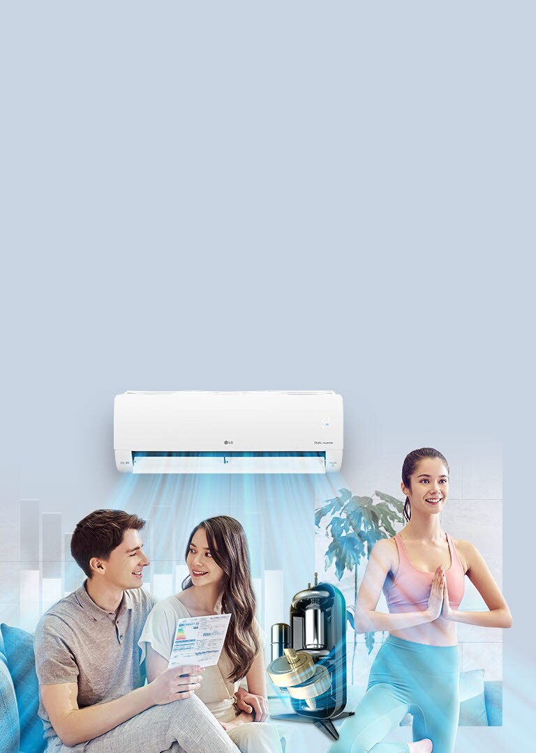 An LG air conditioner is at the top of the image with blue lines coming out imitating the cool air. Just in front of the air conditioner is an image of the LG Dual Inverter Compressor. A woman stands in the stream of cool air doing yoga smiling. In the foreground is a man and woman smiling at each other as they hold the LG energy usage chart.