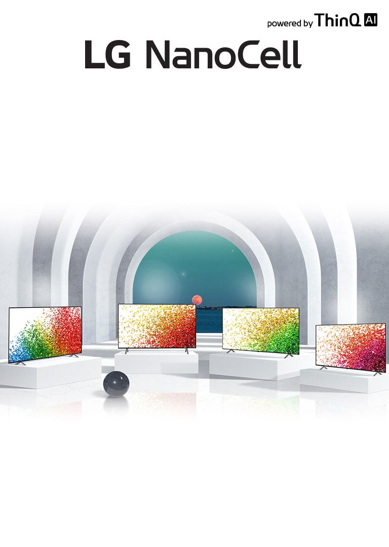 The scene with a NanoCell product lineup arranged in an arched gallery-like space. The 'powered by AI ThinQ' logo was placed at the bottom right.
